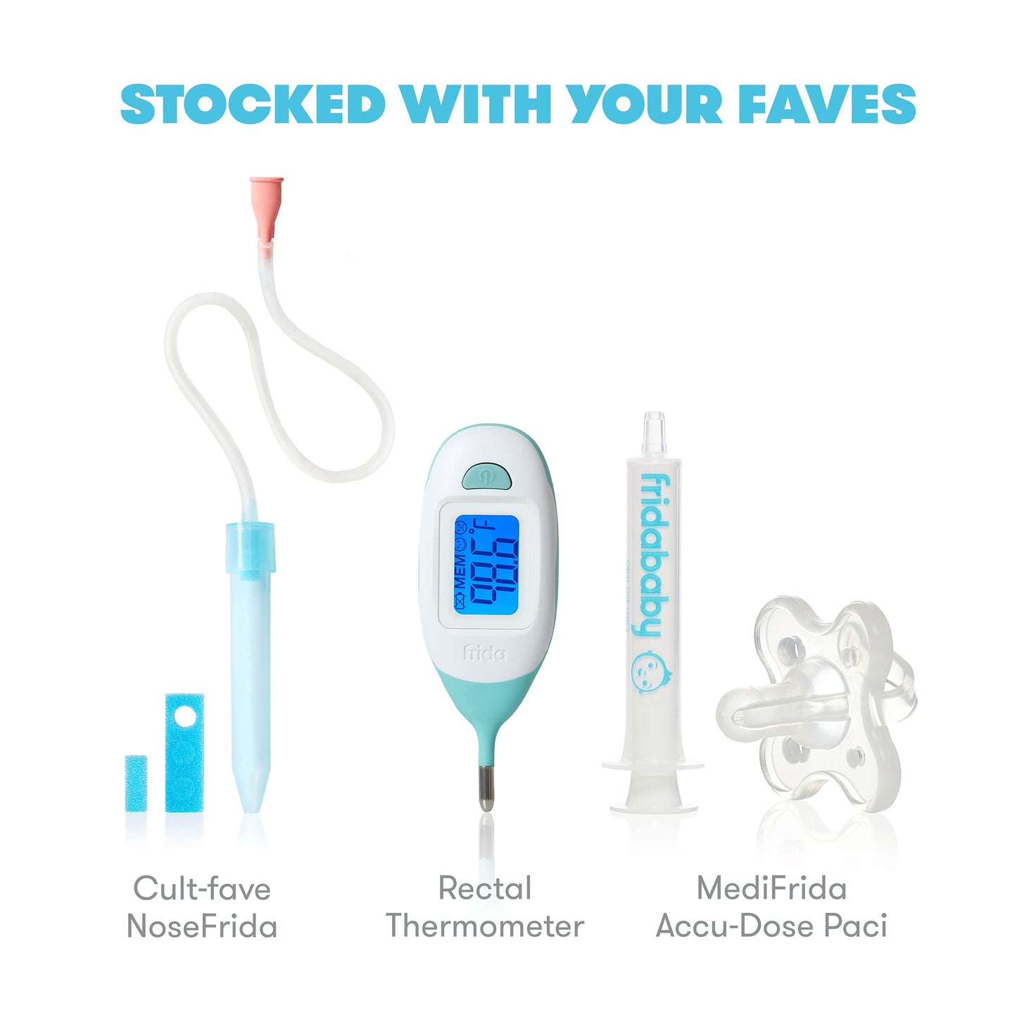 Kit de viaje con botiquín móvil Frida Baby | El set de regalo Baby Essentials incluye NoseFrida Snotsucker, termómetro rectal, dispensador de medicamentos MediFrida con estuche portátil