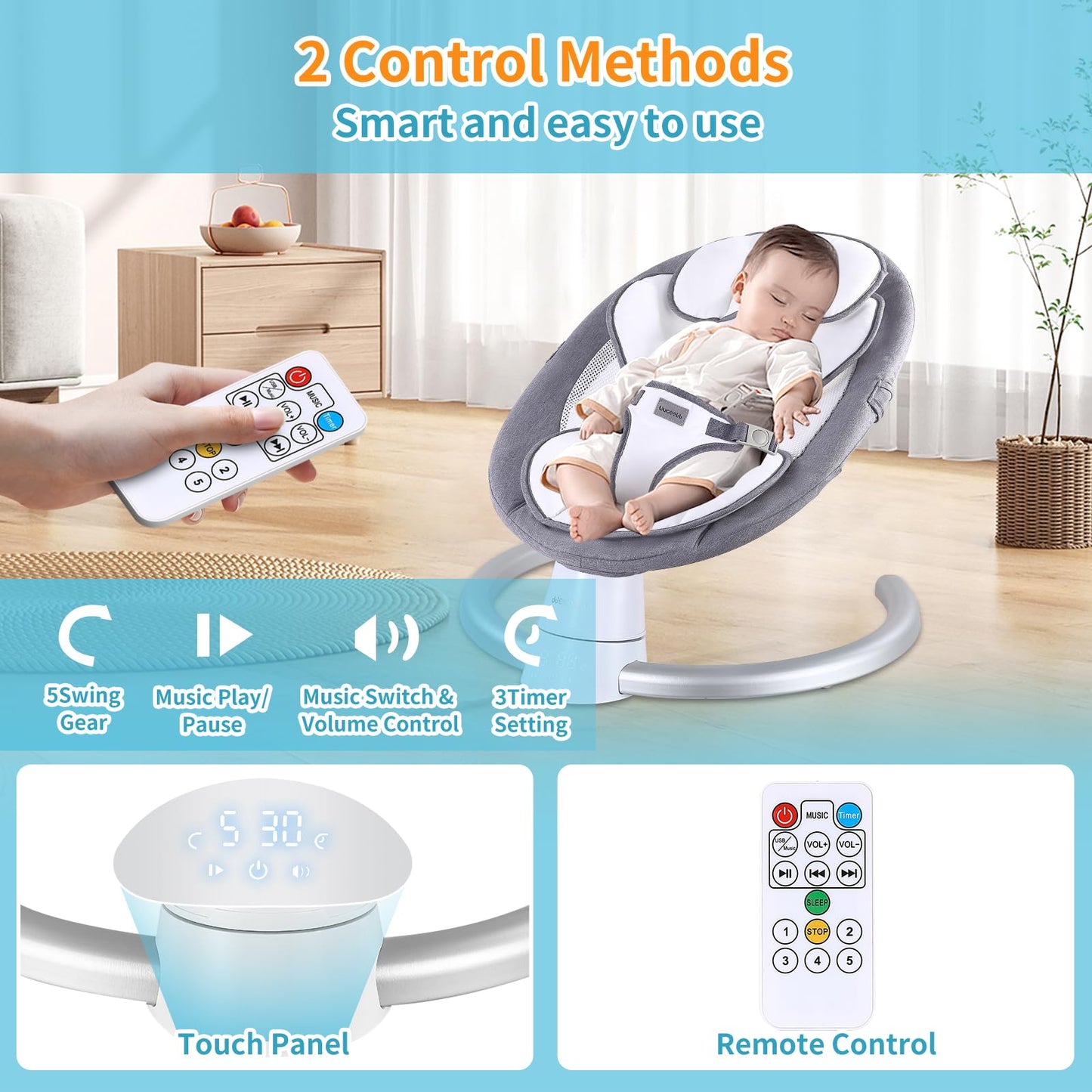 Columpio para bebés para bebés, columpio eléctrico portátil para bebés con soporte Bluetooth con 5 velocidades de columpio, 10 canciones de cuna, control remoto/panel táctil - Columpio infantil para uso en interiores y exteriores, gris