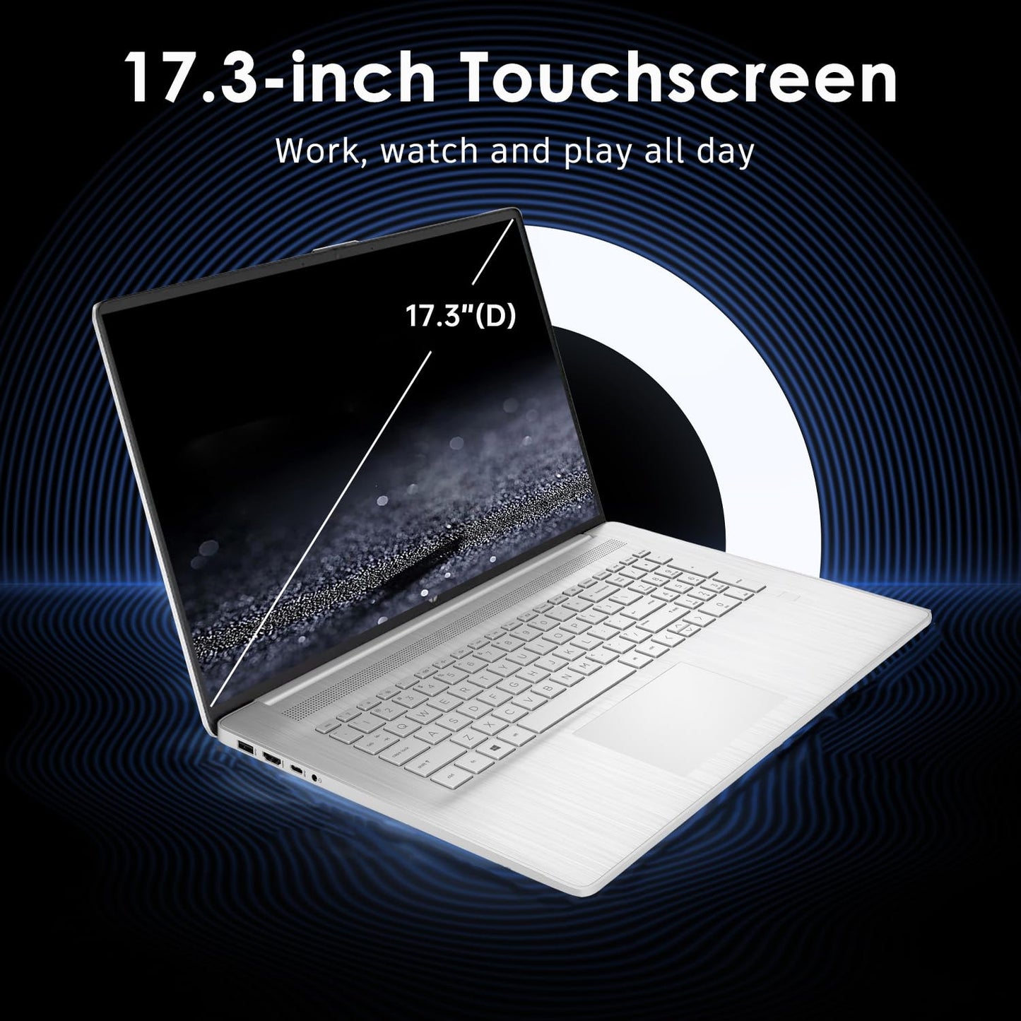 HP 17.3" Laptop, HD+ Touchscreen, Intel Quad-Core N200 Processor, 16GB RAM, 512GB SSD, Fingerprint Reader, Numeric Keypad, Webcam, HDMI, Wi-Fi 6, Bluetooth, Windows 11 Home, Silver