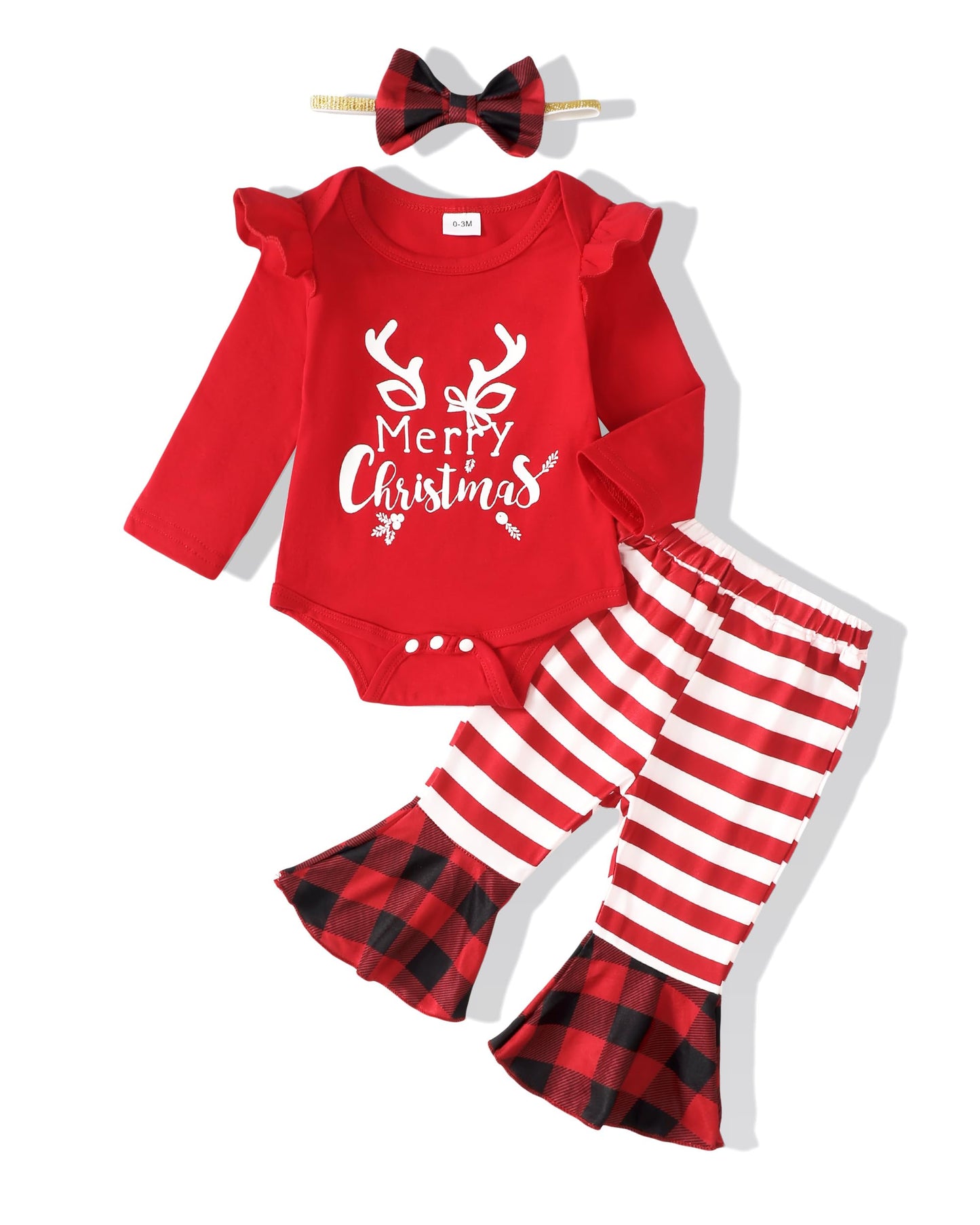 Trajes de Navidad para niñas Regalo de Navidad para bebés Ropa linda de Navidad para niñas pequeñas Conjuntos de ropa con parte inferior de campana a cuadros a rayas y mameluco rojo Ropa para niñas de 3 a 6 meses