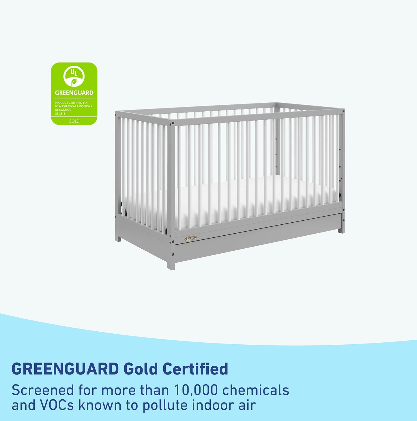 Graco Teddi 5-in-1 Convertible Crib with Drawer (Pebble Gray with White) – GREENGUARD Gold Certified, Crib with Drawer Combo, Full-Size Nursery Storage Drawer, Converts to Toddler Bed