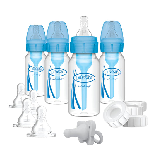 Dr. Brown's Opciones anticólicos de flujo natural + extractor de pecho a biberón estrecho y juego de alimentación de tienda con tetinas de flujo lento, tapones de viaje para bebé y chupete HappyPaci de una sola pieza 100% silicona, azul