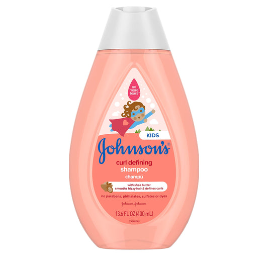 Johnson's Baby Champú para niños que define los rizos, control del encrespamiento, sin desgarros, con manteca de karité, fórmula sin parabenos, sulfatos ni colorantes, hipoalergénico y suave para el cabello de los niños pequeños, 13.6 fl. onz