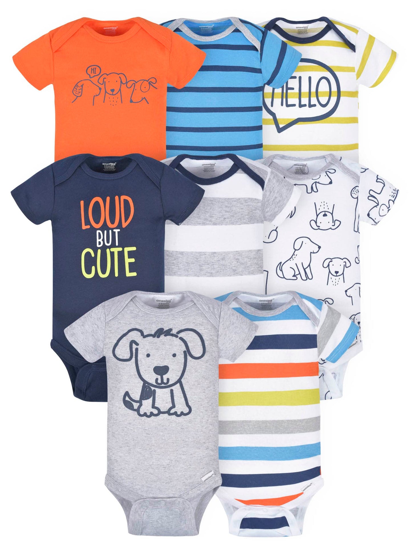 Onesies Brand Baby Boys' 8-Pack Short Sleeve Mix & Match Bodysuits, Loud Cute Dog, 0-3 Months