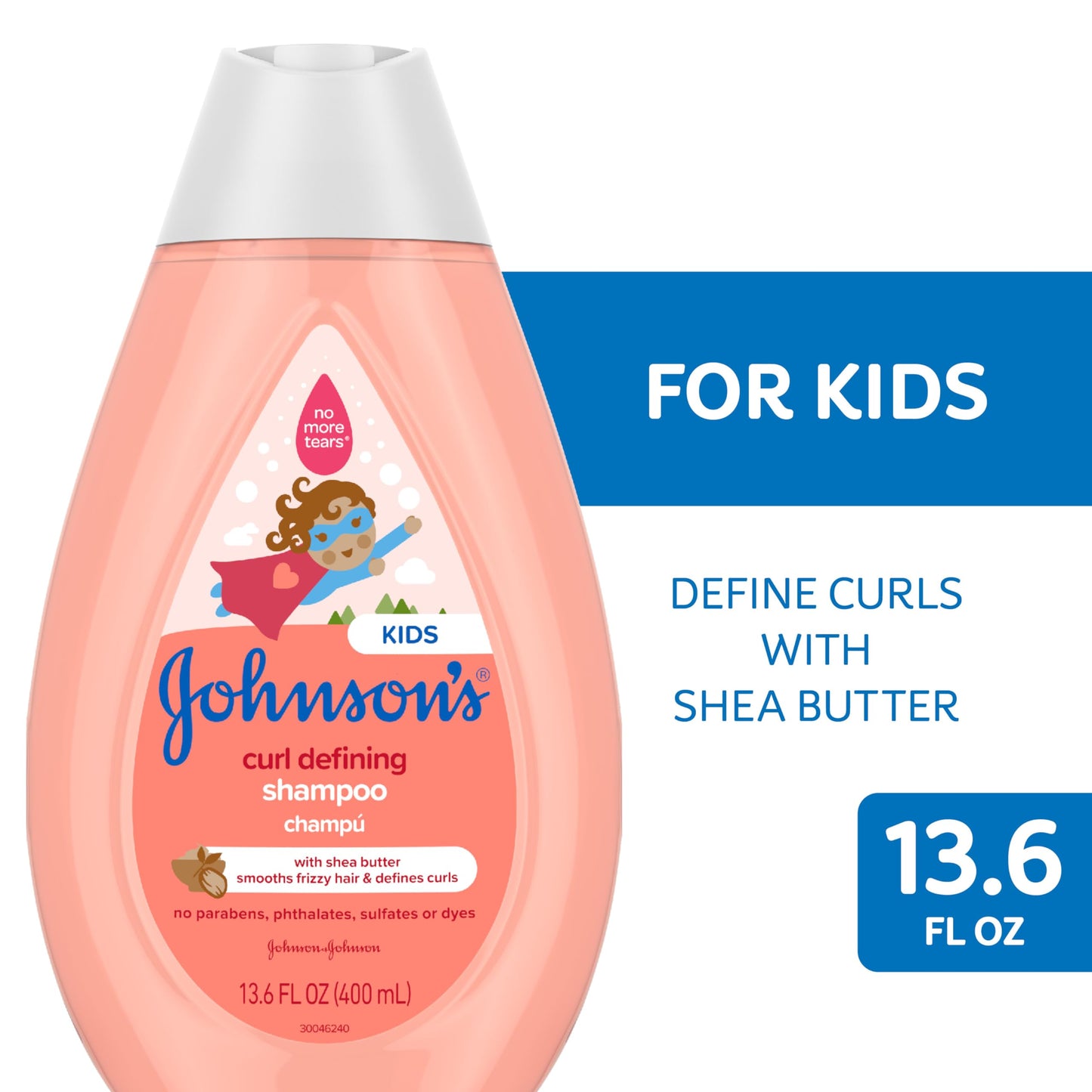 Johnson's Baby Champú para niños que define los rizos, control del encrespamiento, sin desgarros, con manteca de karité, fórmula sin parabenos, sulfatos ni colorantes, hipoalergénico y suave para el cabello de los niños pequeños, 13.6 fl. onz
