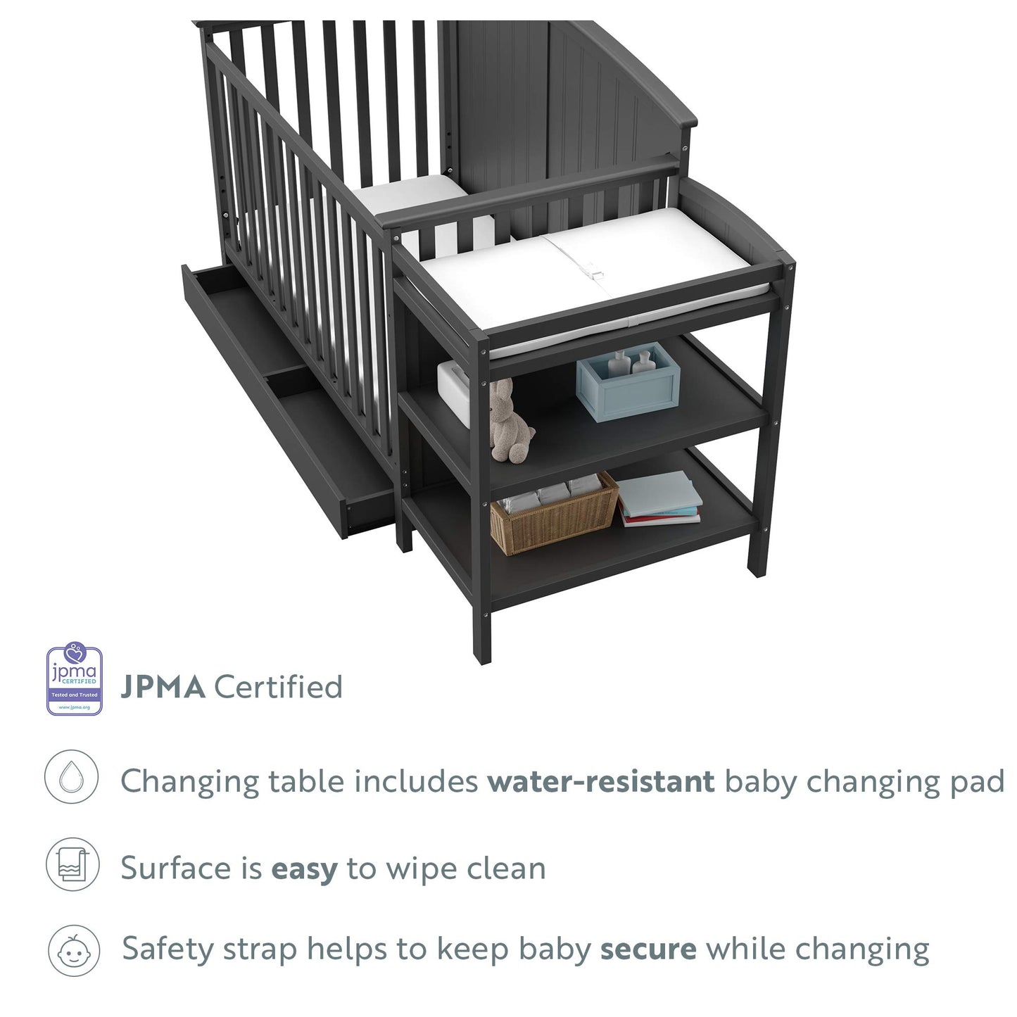 Storkcraft Steveston 5-in-1 Convertible Crib and Changer with Drawer (Gray) – GREENGUARD Gold Certified, Crib and Changing Table Combo with Drawer, Converts to Toddler Bed, Daybed and Full-Size Bed