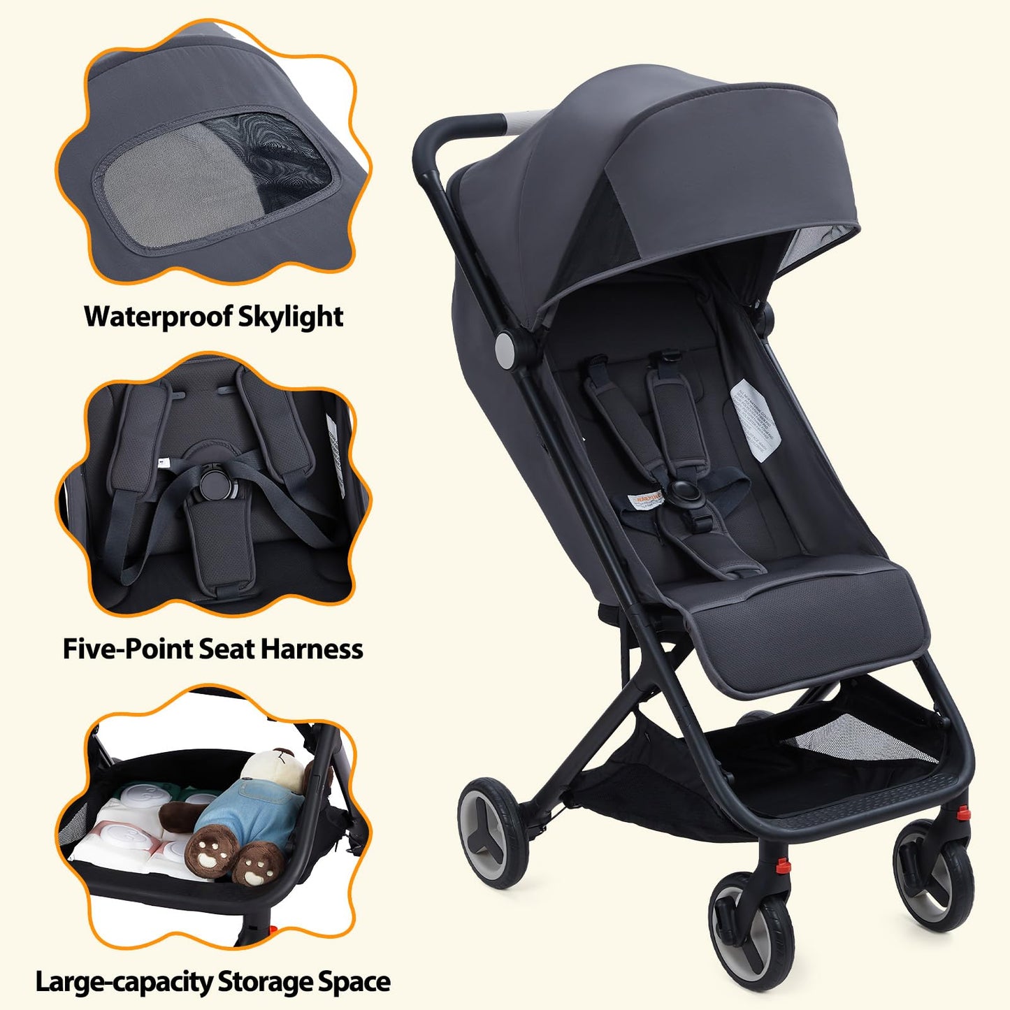 GAOMON Lightweight Stroller, Compact One Hand Fold Travel Stroller for Airplane Friendly, Reclining Seat and Canopy, Smooth Suspension, Travel System Ready, Black