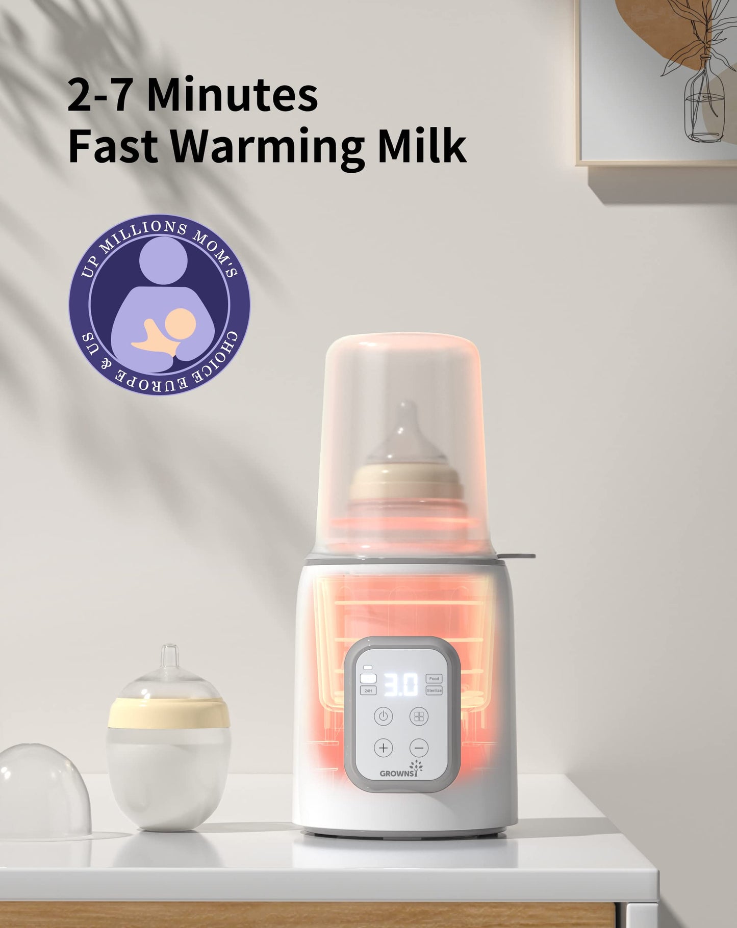 Bottle Warmer, GROWNSY 8-in-1 Fast Baby Milk Warmer with Timer for Breastmilk or Formula, Accurate Temperature Control, with Defrost, Sterili-zing, Keep, Heat Baby Food Jars Function