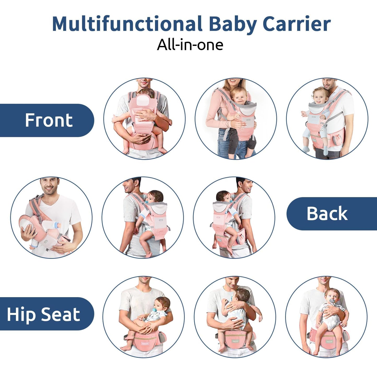 Portabebés con asiento para la cadera, portabebés ergonómico en posición M 6 en 1 para recién nacidos y niños pequeños, soporte para la cabeza y portabebés de malla transpirable, portabebés ajustable para papá y mamá-Rosa