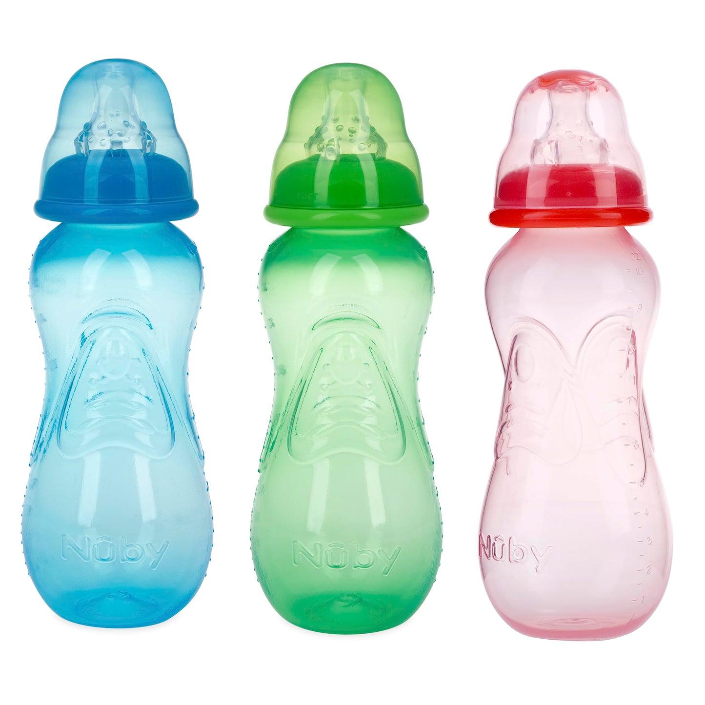 Nuby Non-Drip Standard Neck Bottles, 10 Ounce, Colors May Vary, 3 Count (Pack of 1)