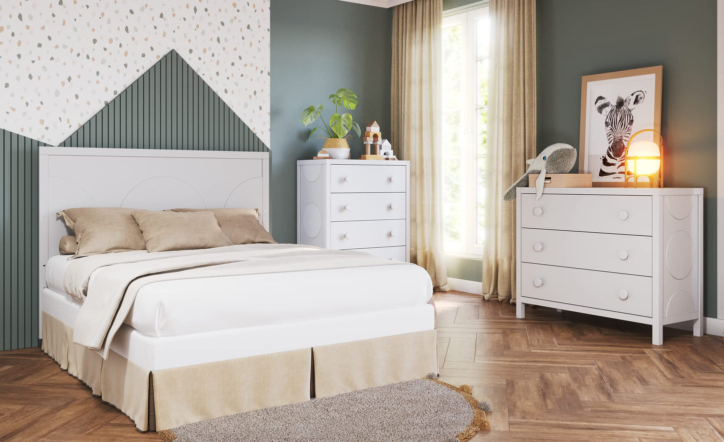 Child Craft Orbit Crib, Dresser and Chest Nursery Set, 3-Piece, Includes 4-in-1 Convertible Crib, Dresser and Chest, Grows with Your Baby (Matte White)