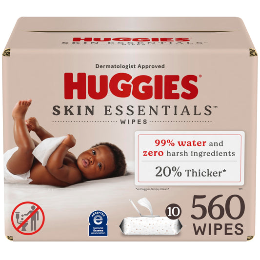 Toallitas para bebé Huggies Skin Essentials, hipoalergénicas, 99 % agua, 10 paquetes con tapa abatible (560 toallitas en total)