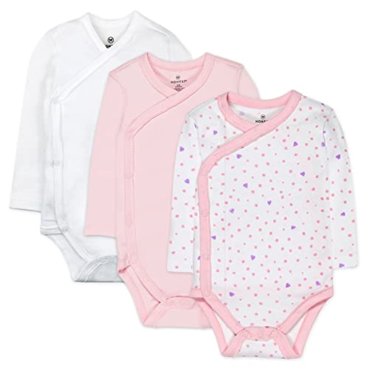 HonestBaby unisex baby 3-pack Organic Cotton Long Sleeve Side-snap Kimono Bodysuits and Toddler T Shirt Set, Love Dot, Preemie US