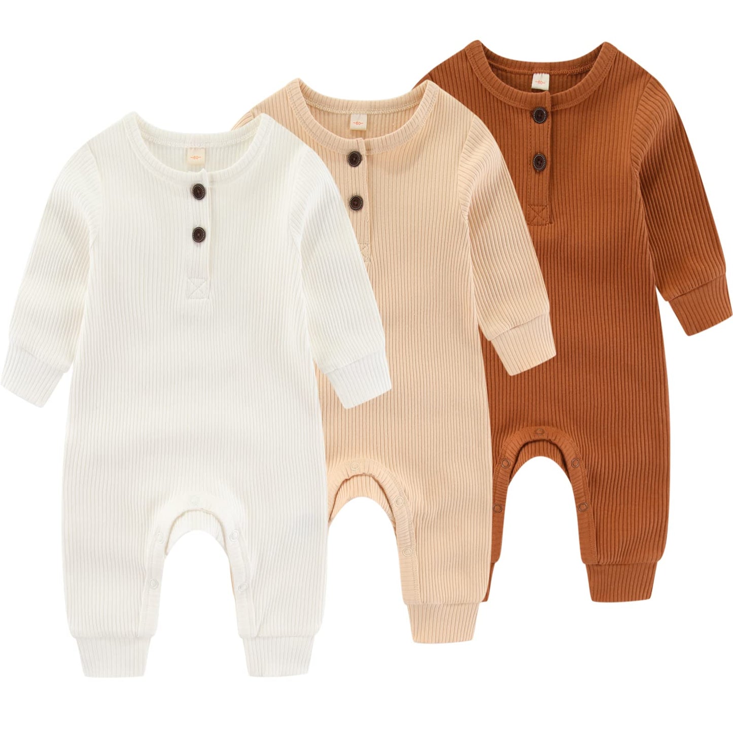 IADOER Newborn Baby Boys Girls One Piece Romper With Mitten Cuffs 3 Pack Long Sleeve Ribbed Button Jumpsuit Outfit Clothes white+apricot+tan 18 months