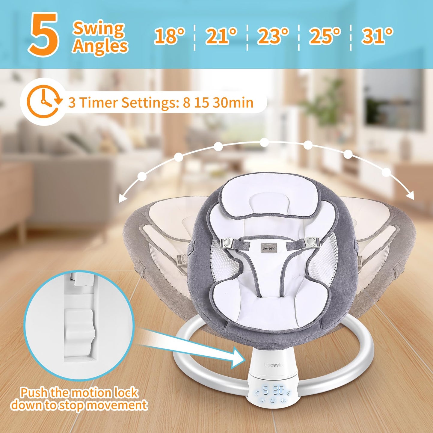 Columpio para bebés para bebés, columpio eléctrico portátil para bebés con soporte Bluetooth con 5 velocidades de columpio, 10 canciones de cuna, control remoto/panel táctil - Columpio infantil para uso en interiores y exteriores, gris