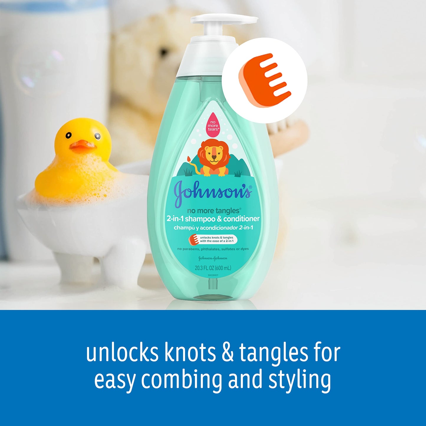 Johnson's Baby No More Tangles Champú y acondicionador para el cabello desenredante 2 en 1 para niños y niños pequeños, suave y sin desgarros, hipoalergénico y sin parabenos, ftalatos, sulfatos ni colorantes, 20,3 fl. onz