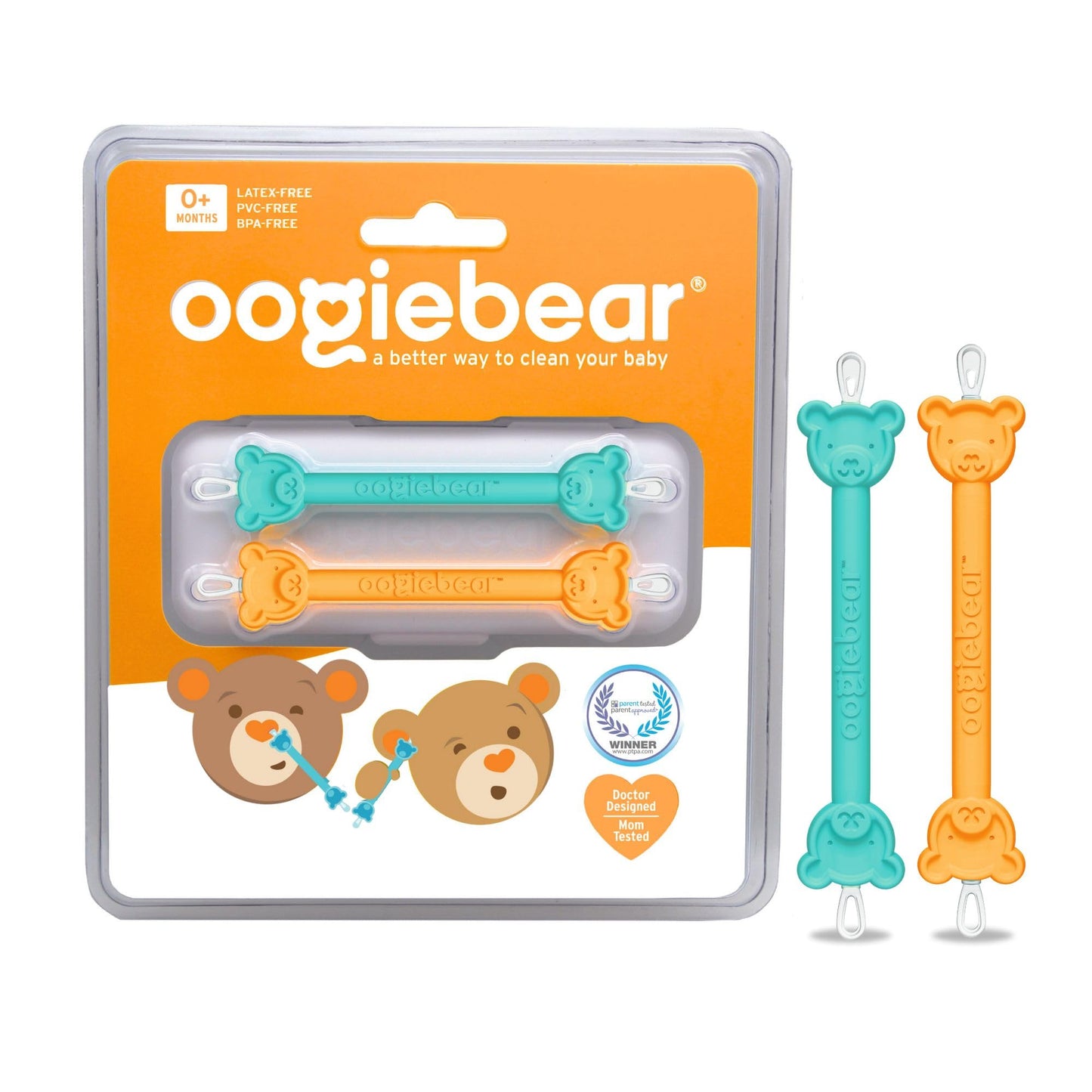 oogiebear: Baby Nose Cleaner & Ear Wax Removal Tool - Safe Booger & Earwax Removal for Newborns, Infants, Toddlers - Dual-Ended - Essential Baby Stuff, Diaper Bag Must-Have, Orange & Seafoam with case