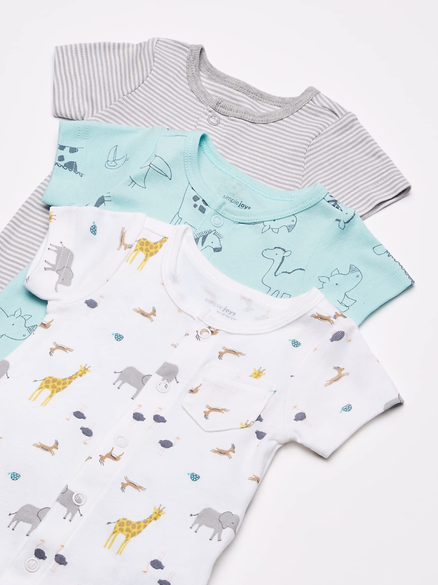 Simple Joys by Carter's Baby 3-Pack Snap-up Rompers, Aqua Blue Forest Animals/Grey Mini Stripe/White, 3-6 Months