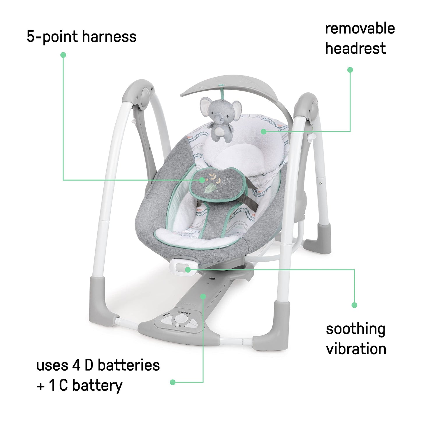 Ingenuity ConvertMe 2-in-1 Compact Portable Automatic Baby Swing & Infant Seat, Battery-Saving Vibrations, Nature Sounds, 0-9 Months 6-20 lbs (Swell)