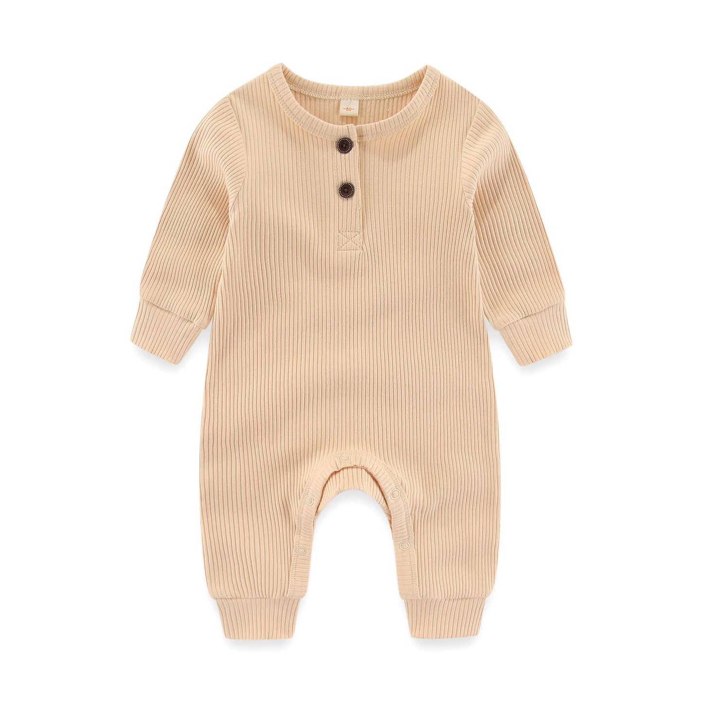 IADOER Newborn Baby Boys Girls One Piece Romper With Mitten Cuffs 3 Pack Long Sleeve Ribbed Button Jumpsuit Outfit Clothes white+apricot+tan 18 months