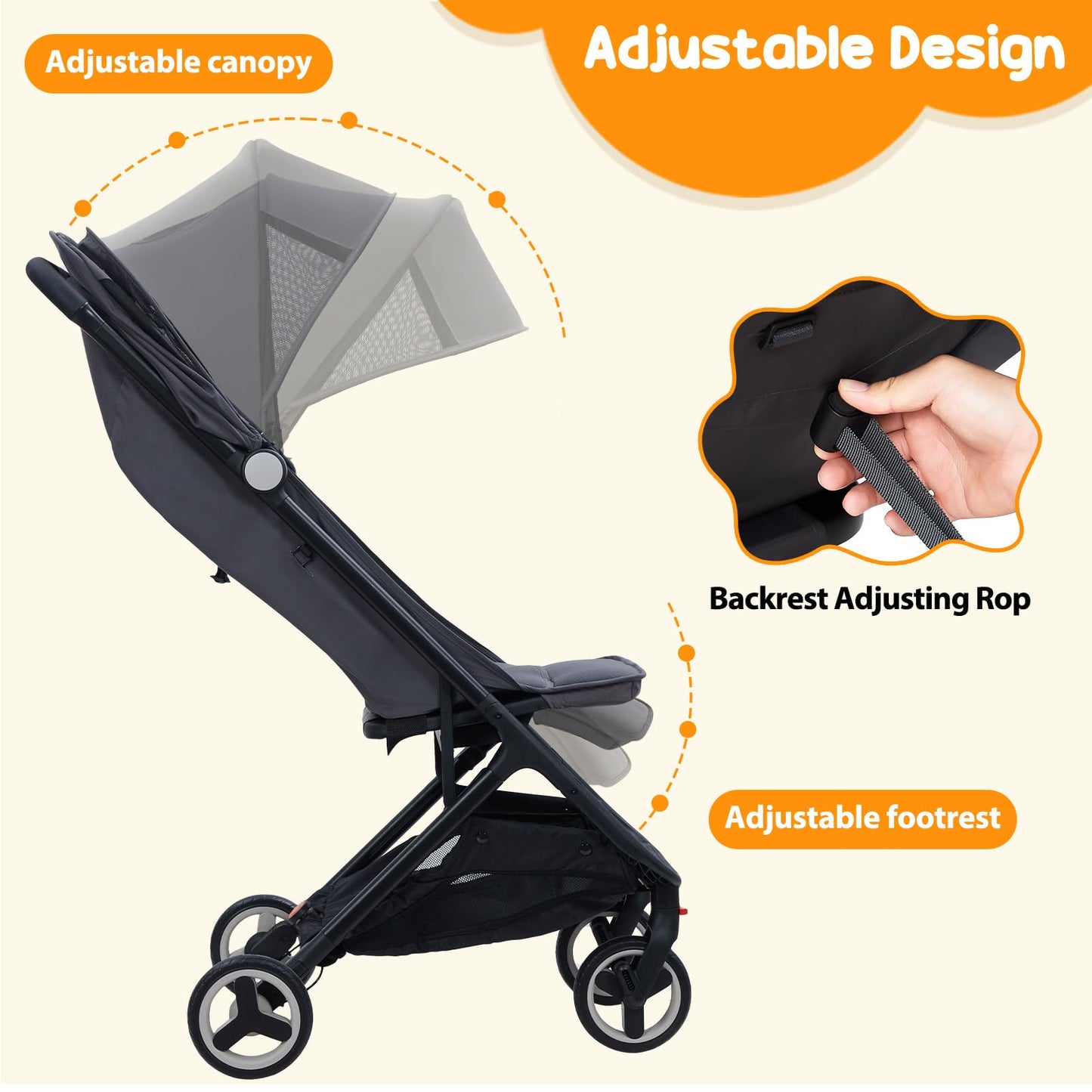 GAOMON Lightweight Stroller, Compact One Hand Fold Travel Stroller for Airplane Friendly, Reclining Seat and Canopy, Smooth Suspension, Travel System Ready, Black