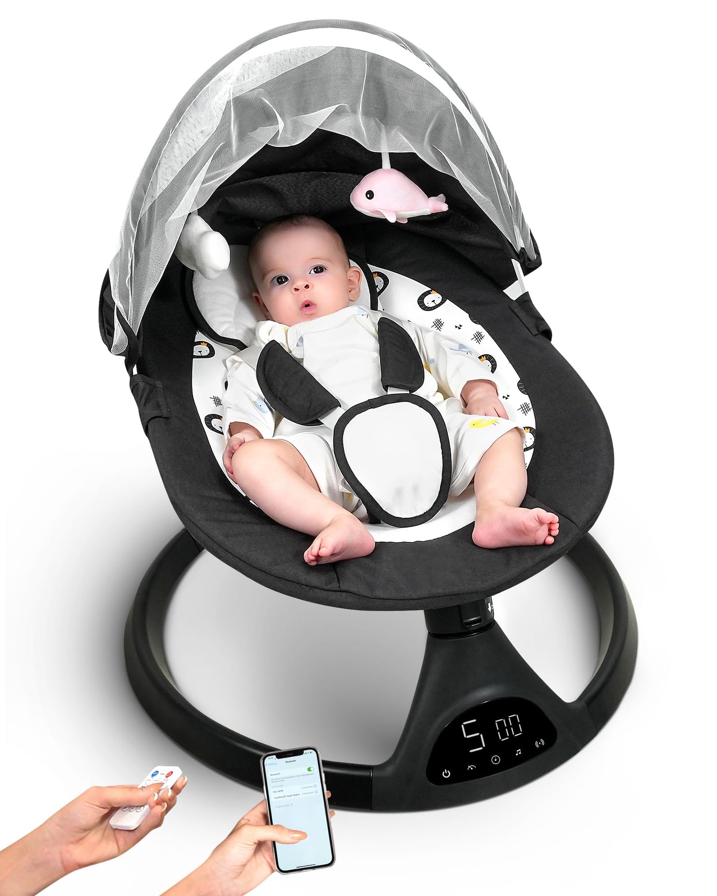 Columpio para bebés para bebés y niños pequeños Función de sincronización de columpio portátil para bebés 5 velocidades de oscilación Altavoz musical con pantalla táctil Bluetooth con 10 canciones de cuna preestablecidas Mosquetón de 5 puntos