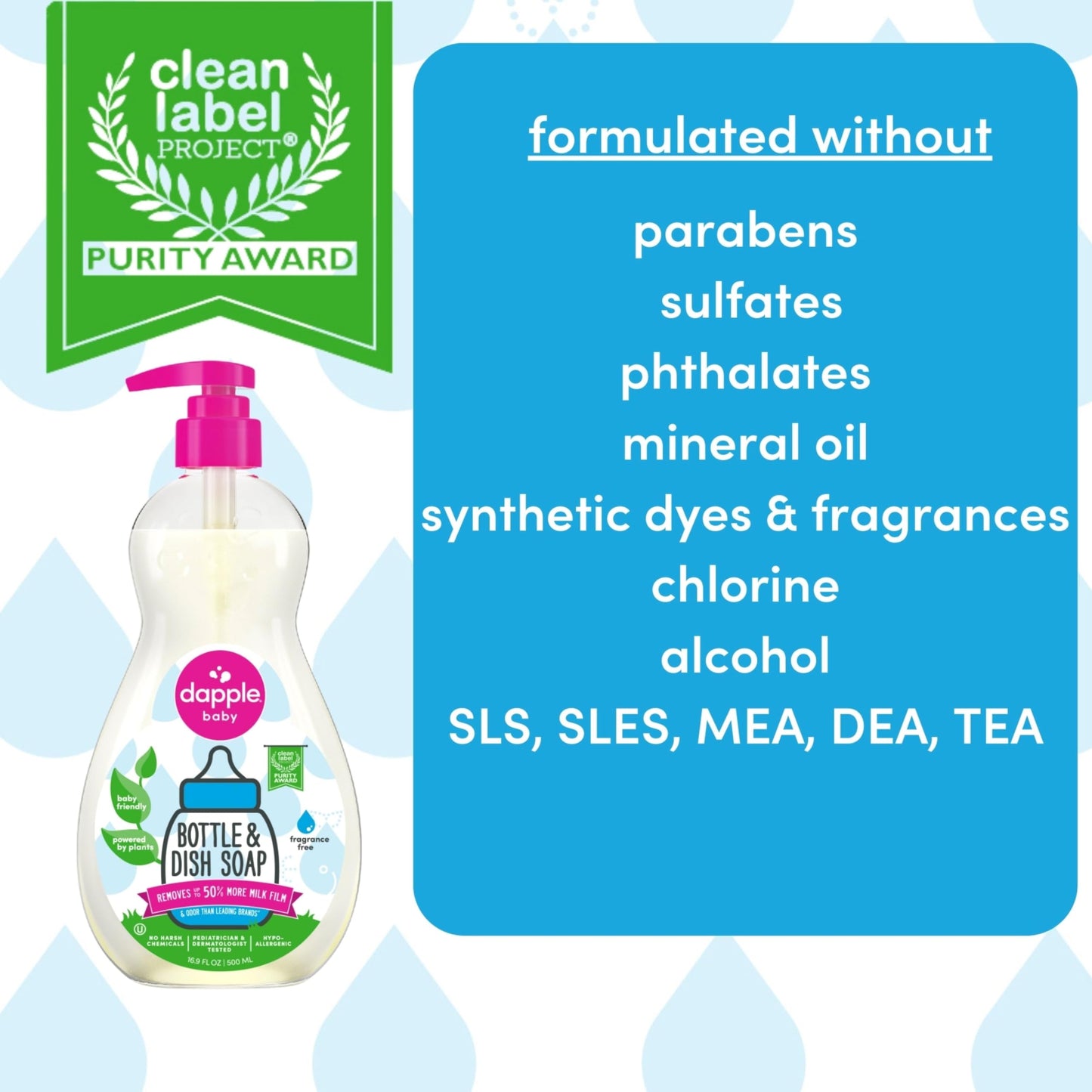 Dapple Baby, Bottle and Dish Soap Dish Liquid Plant Based Hypoallergenic 1 Pump Included, Packaging May Vary, Fragrance Free, 16.9 Fl Oz (Pack of 3)