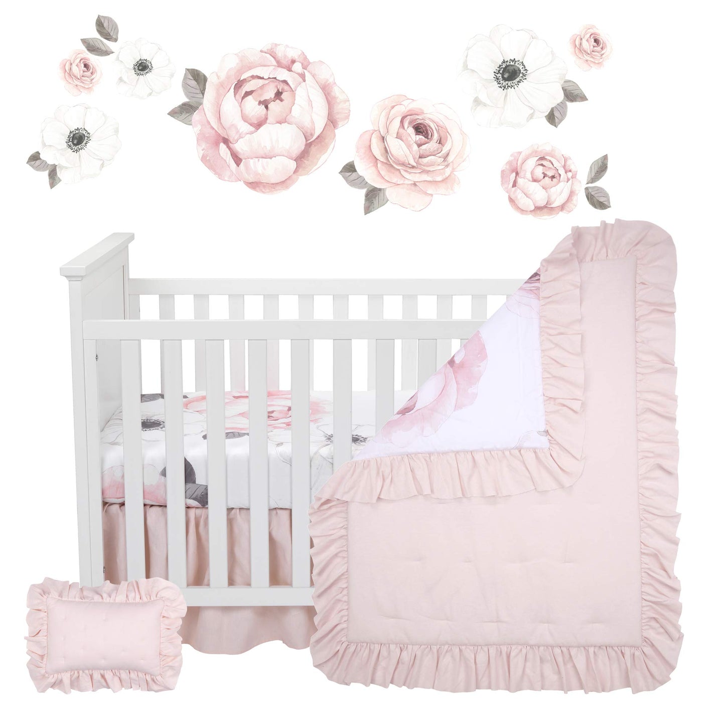 Lambs & Ivy Floral Garden Watercolor/Pink Linen 5-Piece Baby Crib Bedding Set