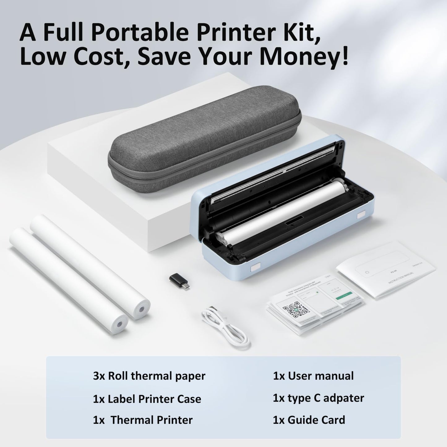 Gloryang Inkless Portable Printer for Travel, Wireless Thermal Printer Supports 8.5" x 11" US Letter Size, Bluetooth Printer includes Carry Case and 3 Rolls of Thermal Paper Kit, Blue