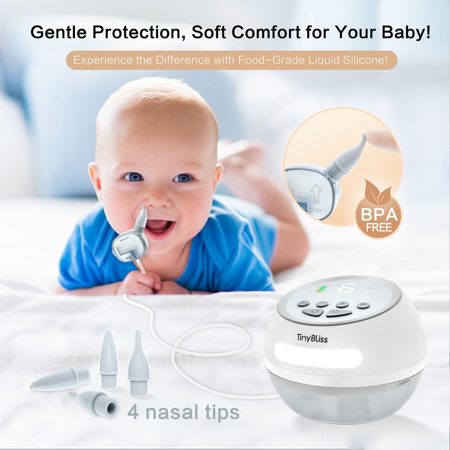 TinyBliss Baby Nasal Aspirator, 75kpa Poweful Suction, High Flow Electric Nose Suction for Baby, 3-in-1 Nose Sucker with White Noise & Night Light, Rechargeable Booger Sucker for Toddlers, White