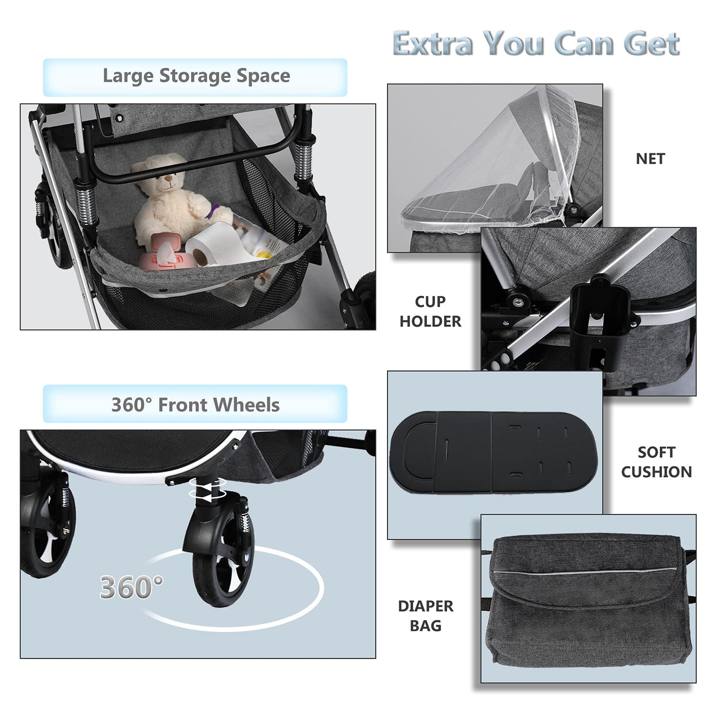 Kinder King 2 in 1 Convertible Baby Stroller, Folding High Landscape Infant Carriage, Newborn Reversible Bassinet Pram, Adjustable Canopy, Diaper Bag, Anti-Shock Toddler Pushchair Dark Grey