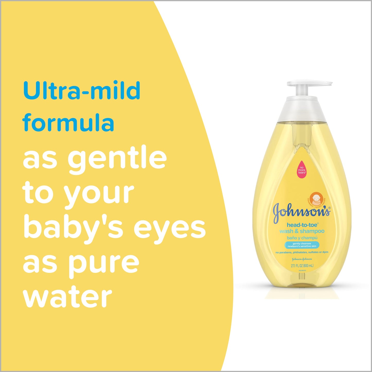 Johnson's Head-to-Toe Gentle Tear-Free Baby &amp; Newborn Wash &amp; Shampoo, sulfato, parabeno, ftalato y colorantes, lavado hipoalergénico para piel y cabello sensibles, 27.1 fl. Onz