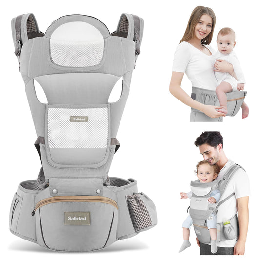 Safotad Portabebés con asiento para la cadera, portabebés ergonómico en posición M 6 en 1 para recién nacidos y niños pequeños, soporte para la cabeza y portabebés de malla transpirable, portabebés ajustable para papá y mamá-gris