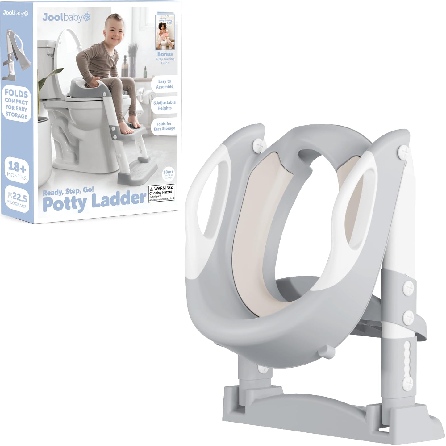 Potty Training Ladder - Soft Cushioned Seat, Adjustable Height, Collapsible, Non-Slip with Splash Guard - Ready Step Go! - Jool Baby (Gray)