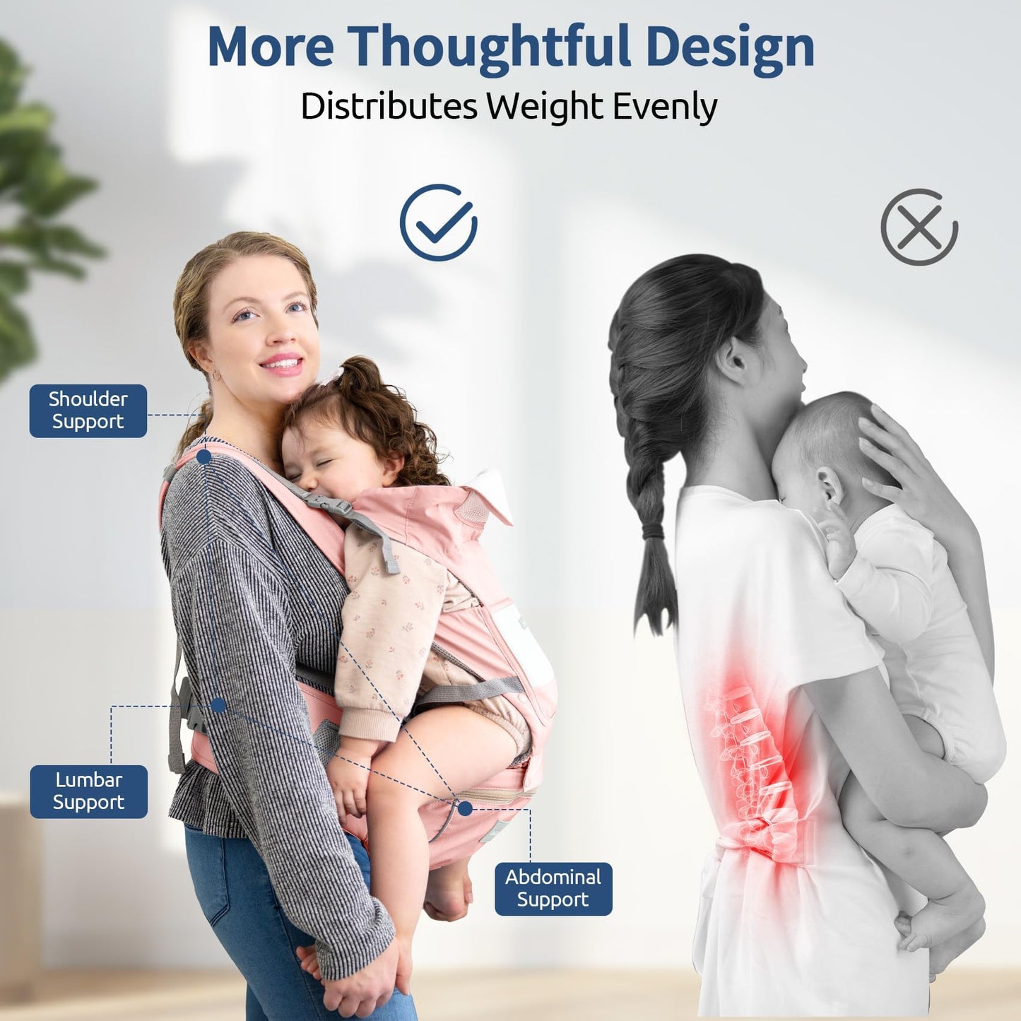 Portabebés con asiento para la cadera, portabebés ergonómico en posición M 6 en 1 para recién nacidos y niños pequeños, soporte para la cabeza y portabebés de malla transpirable, portabebés ajustable para papá y mamá-Rosa