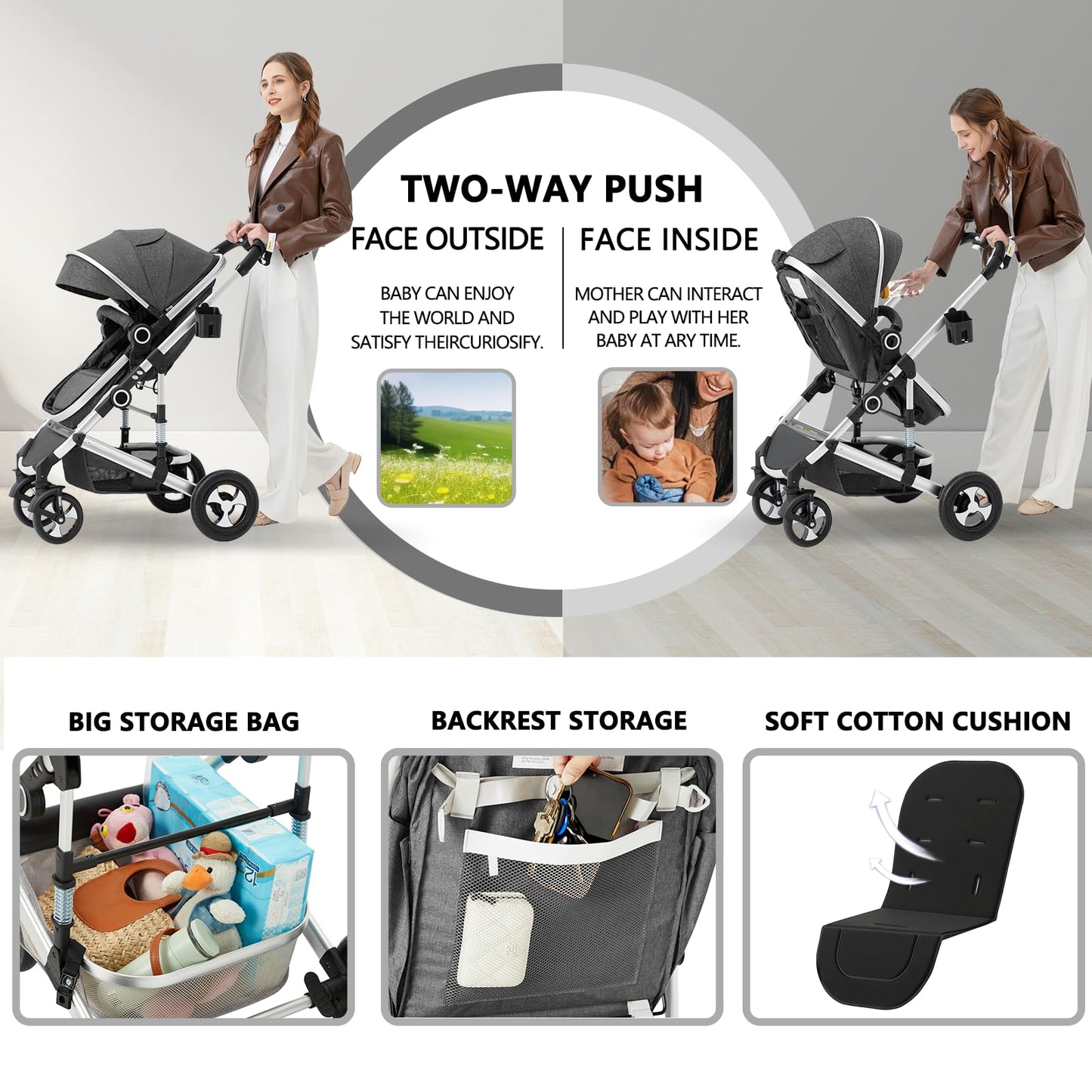 Kinder King 2 in 1 Convertible Baby Stroller, Folding High Landscape Infant Carriage, Newborn Reversible Bassinet Pram, Adjustable Canopy, Diaper Bag, Anti-Shock Toddler Pushchair Dark Grey