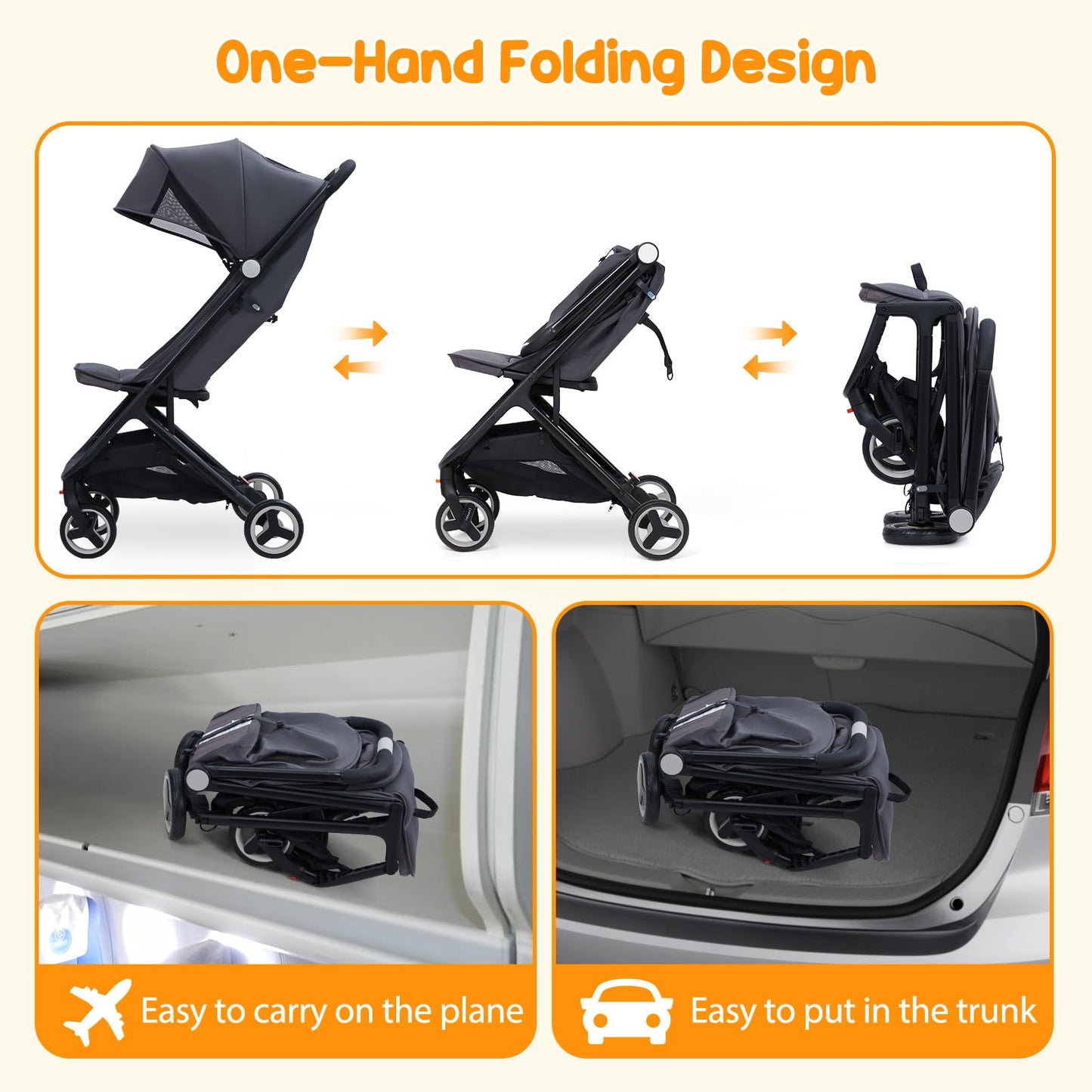 GAOMON Lightweight Stroller, Compact One Hand Fold Travel Stroller for Airplane Friendly, Reclining Seat and Canopy, Smooth Suspension, Travel System Ready, Black