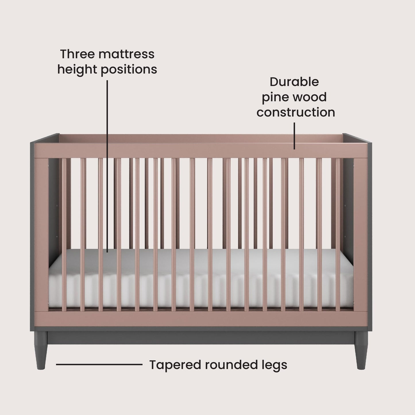 Child Craft Wynwood Crib, Double Dresser and Chest Nursery Set, 3-Piece, Includes 3-in-1 Convertible Crib, Double Dresser, and Chest, Grows with Your Baby (Rose/Graphite)