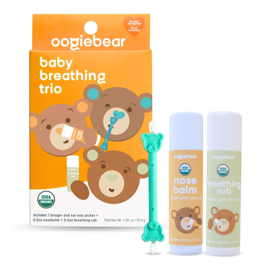 oogiebear Breathing Trio para bebés: Bálsamo corporal nutritivo orgánico para aliviar la picazón en la piel seca - Multiusos, recogedor de mocos y alivio de enfermedades en el pecho - 0.5 oz, seguro para bebés, hecho por médicos