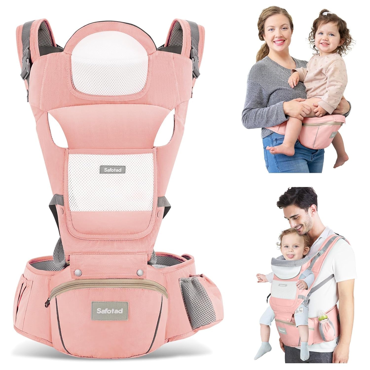 Baby Carrier with Hip Seat,Ergonomic M Position 6In1 Baby Carrier Newborn to Toddler,Head Support and Breathable Mesh Newborn Carrier,Adjustable Baby Holder Carrier for Dad&Mom-Pink