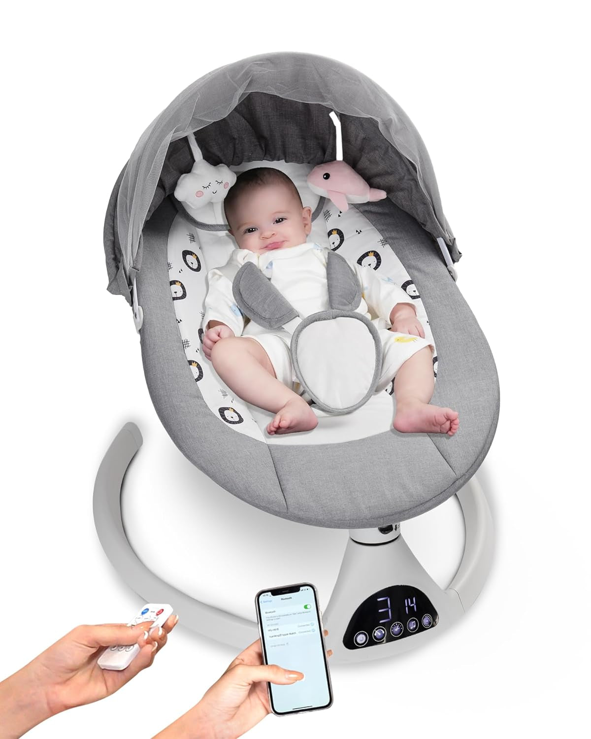 Baby Swing for Infants to Toddler Portable Babies Swing Timing Function 5 Swing Speeds Bluetooth Touch Screen Music Speaker with 10 Preset Lullabies 5-Point Carabiner Gray