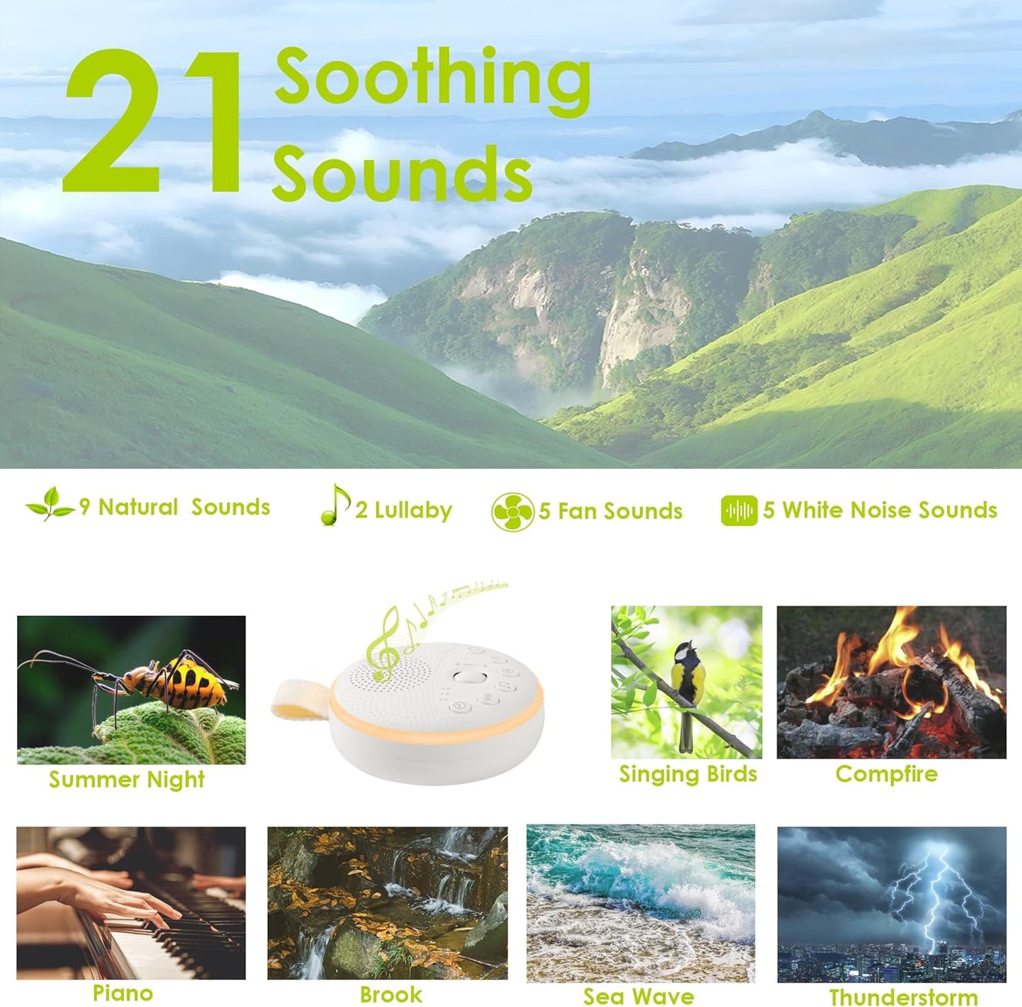 Baby Sleep Machine, Portable White Noise Sound Machine with Built-In Night Light with 21 Sound Modes for Deep Restful Sleep, Including Shhhhhh, Music, Rain, Fan, Ocean Sound, Lullaby and More