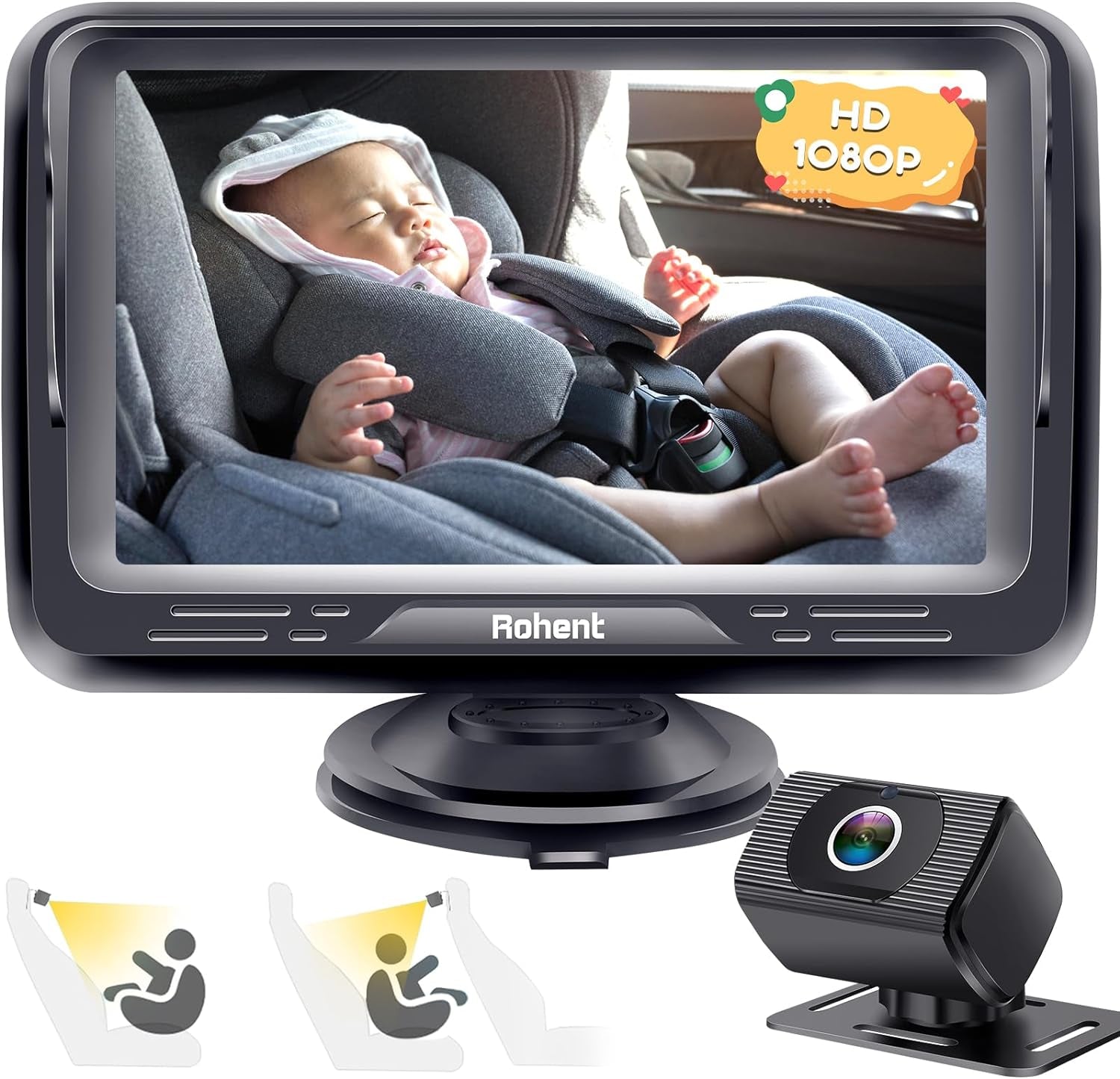 Baby Car Camera Easy Install: HD 1080P Eye Protection Clear Night Vision - Rear Facing Stability Backseat Camera with Monitor for Car Seat Travel 360° Rotation N06