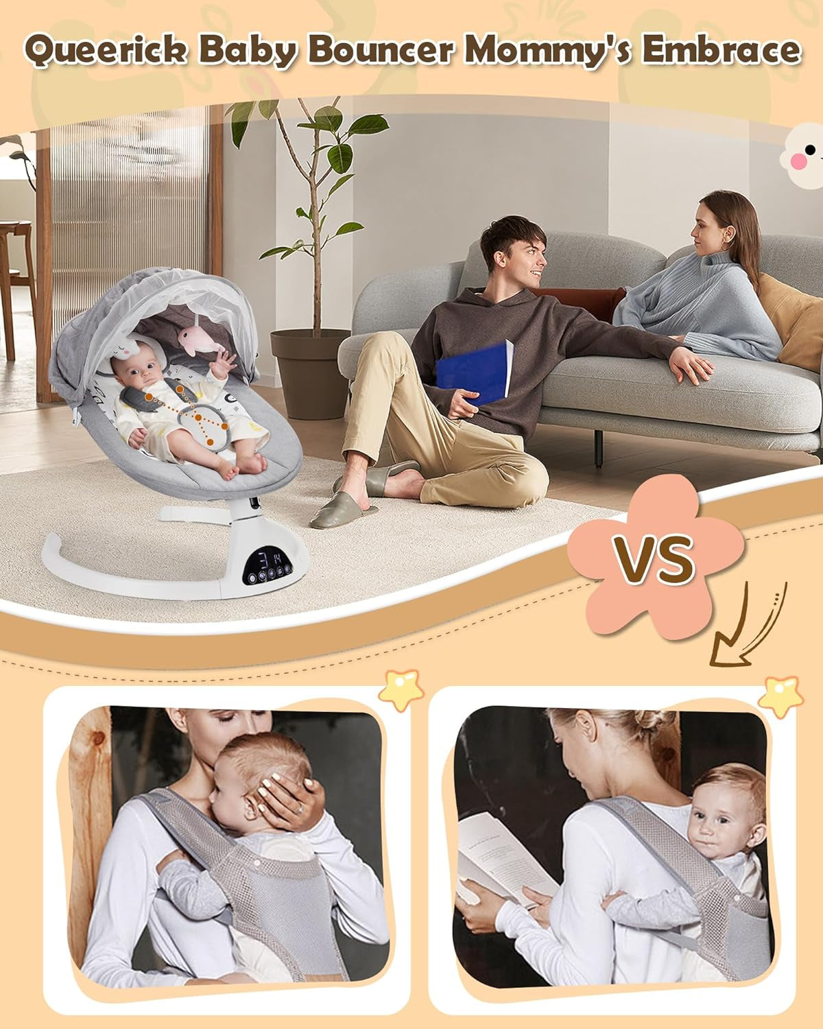 Baby Swing for Infants to Toddler Portable Babies Swing Timing Function 5 Swing Speeds Bluetooth Touch Screen Music Speaker with 10 Preset Lullabies 5-Point Carabiner Gray