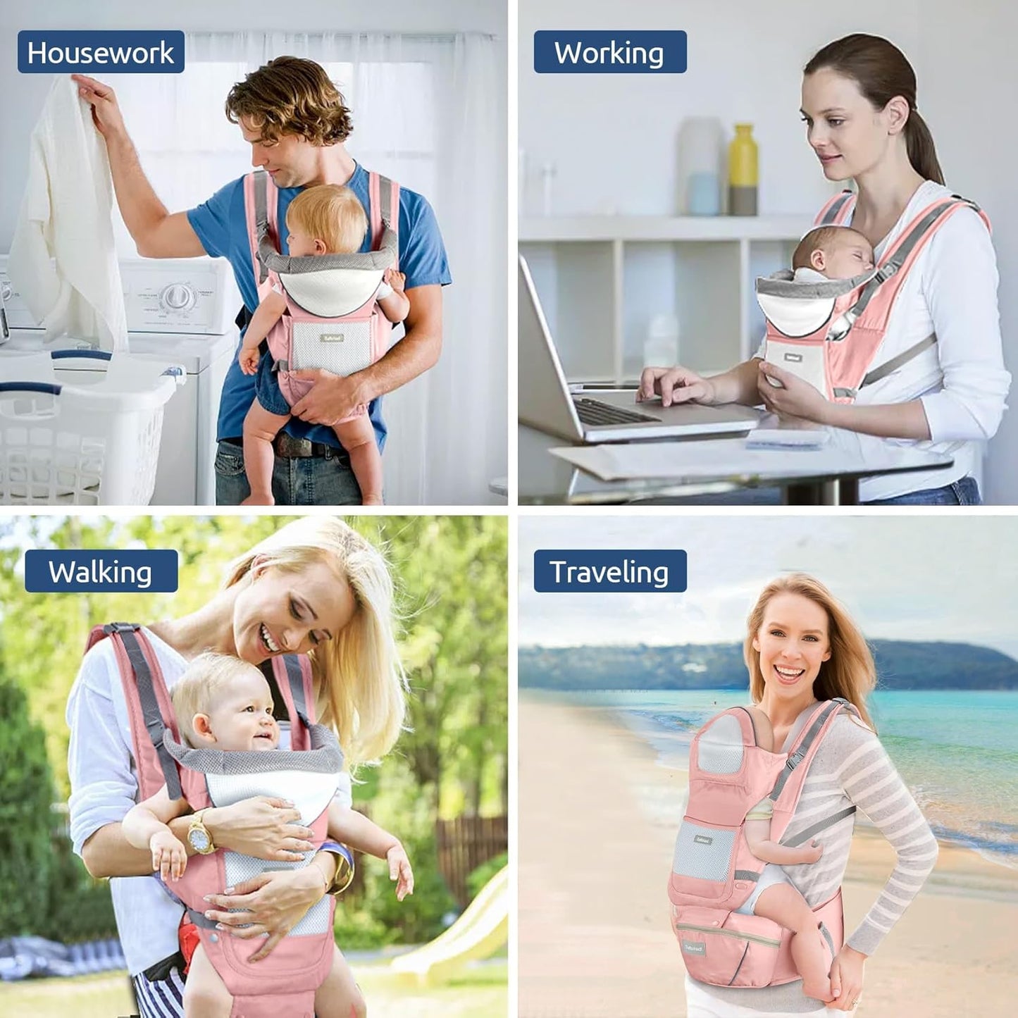 Baby Carrier with Hip Seat,Ergonomic M Position 6In1 Baby Carrier Newborn to Toddler,Head Support and Breathable Mesh Newborn Carrier,Adjustable Baby Holder Carrier for Dad&Mom-Pink