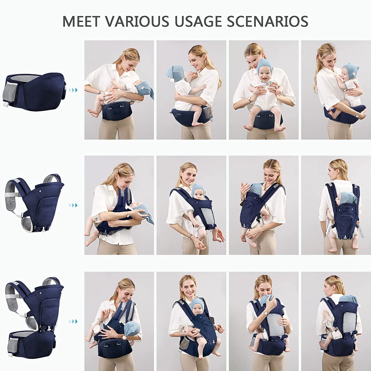 Baby Carrier Newborn to Toddler with Hip Seat 6-In-1 Ergonomic All Positions Infant Carrier Soft Baby Holder Carrier with Hood for All Seasons