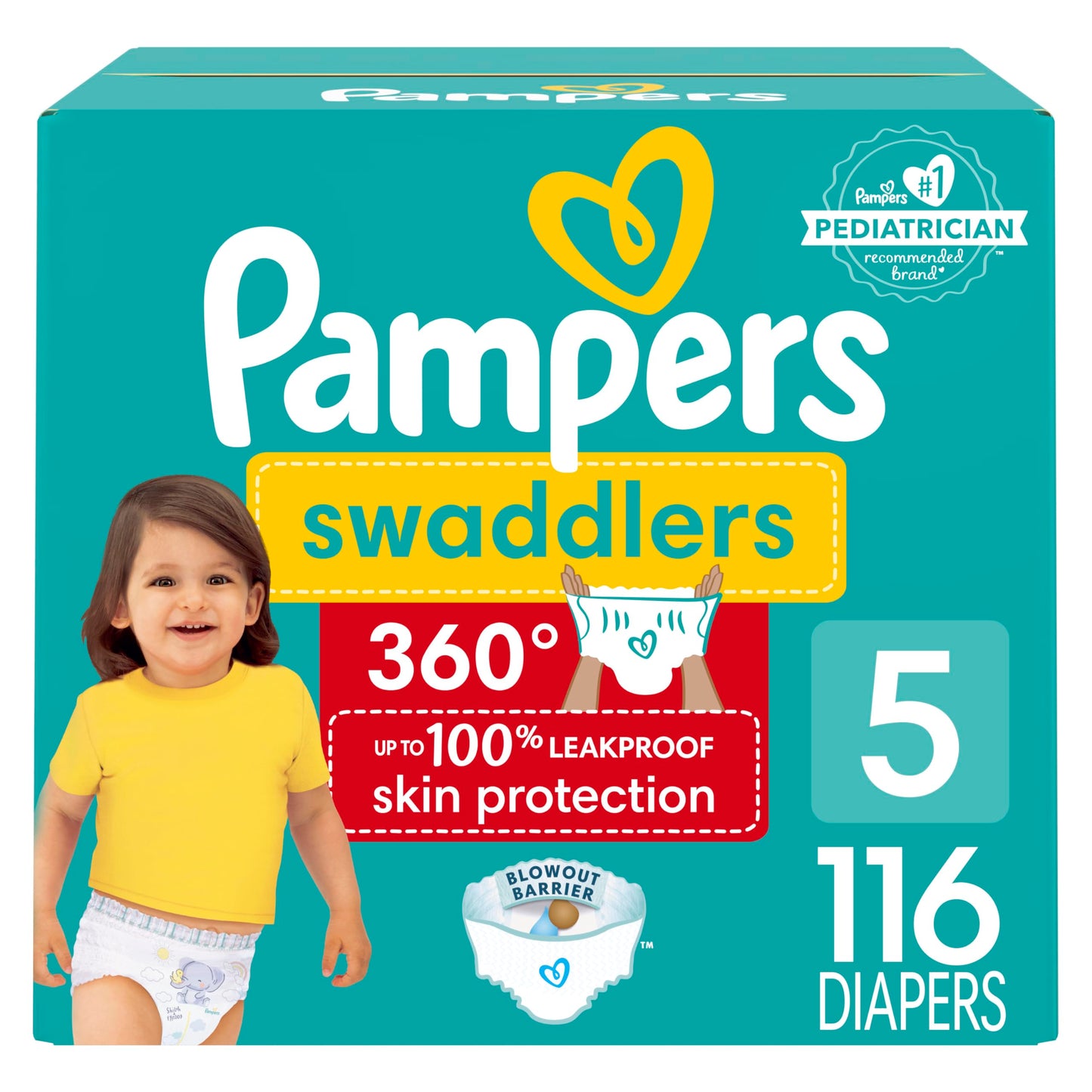 Pampers Swaddlers 360 pañales sin cordones, tamaño 5, 116 unidades, suministro para un mes, para una protección de la piel hasta 100% a prueba de fugas y cambios fáciles