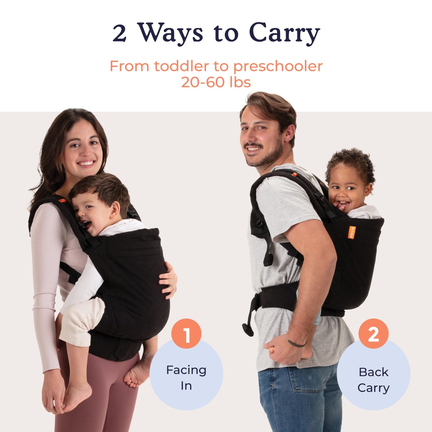 Beco Portabebés con asiento extra ancho, estilo mochila 100% algodón y transporte frontal, portabebés ligero y transpirable, portabebés para niños de 20 a 60 libras (negro metro)