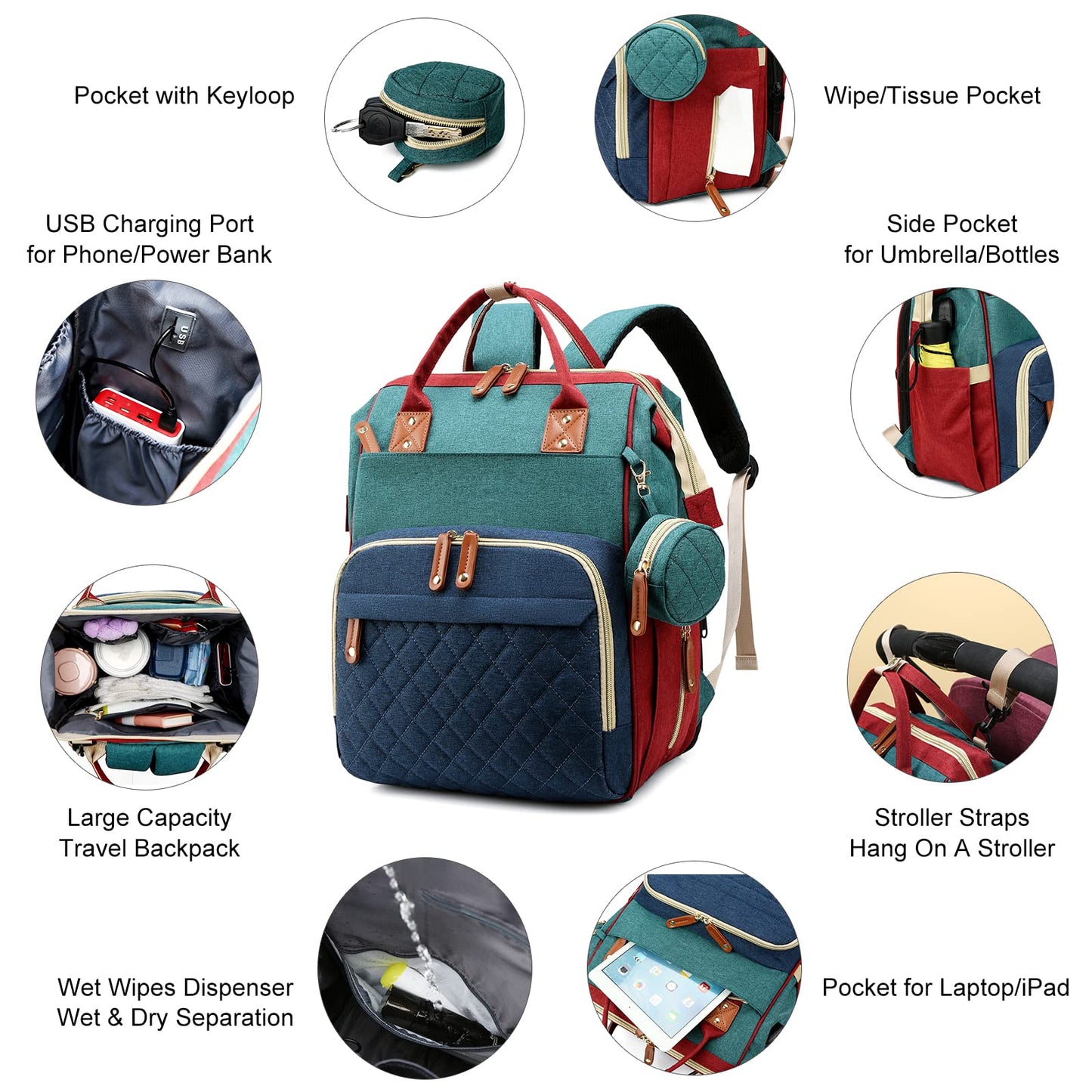Awanhe Mochila para pañales de bebé con cambiador, bolsas impermeables para bebés para niños y niñas, puerto de carga USB, regalos para baby shower, RGB