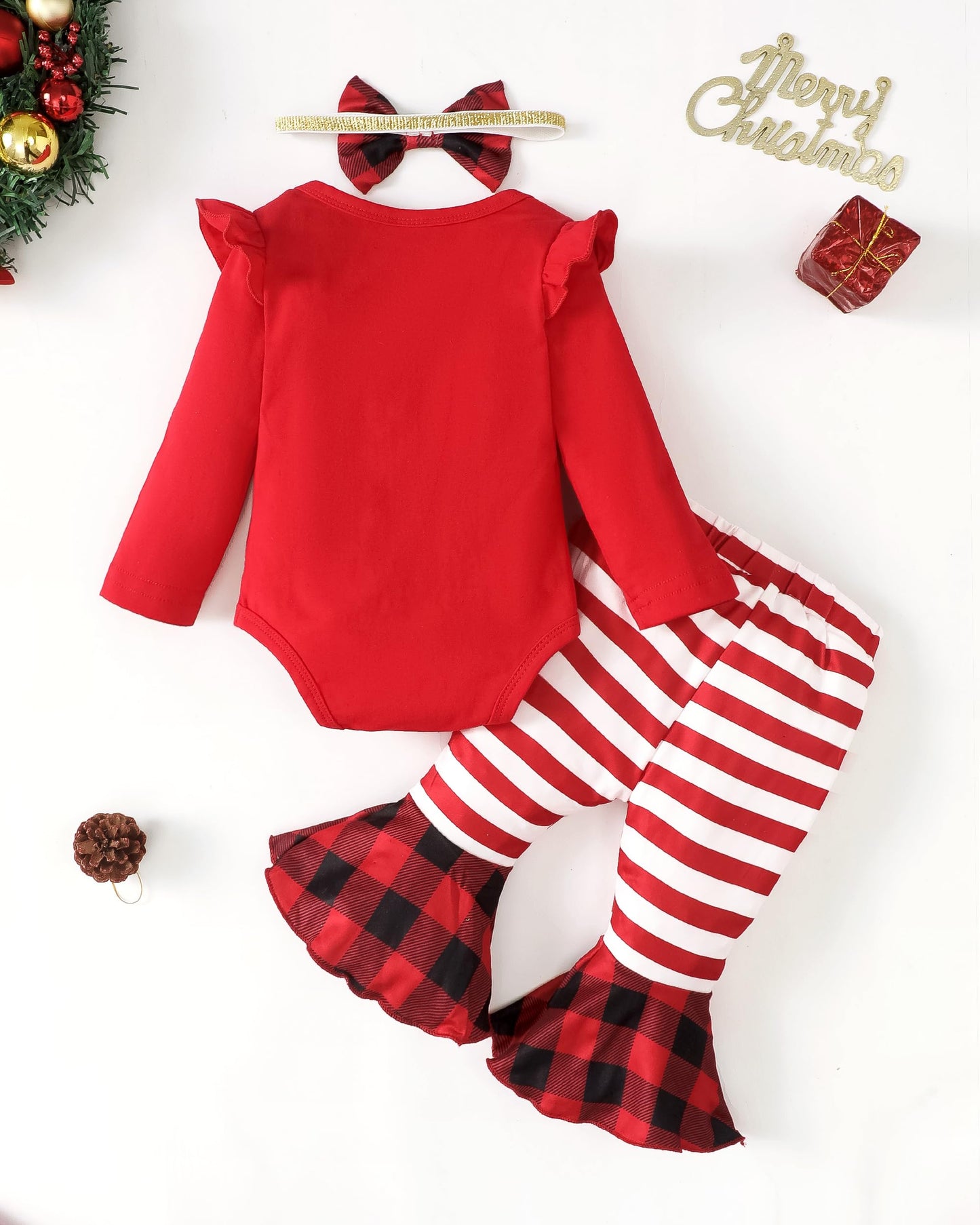 Trajes de Navidad para niñas Regalo de Navidad para bebés Ropa linda de Navidad para niñas pequeñas Conjuntos de ropa con parte inferior de campana a cuadros a rayas y mameluco rojo Ropa para niñas de 3 a 6 meses